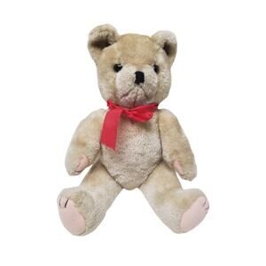 Vintage Jointed Teddy Bear w. Red Bow Stuffed Plush Animal